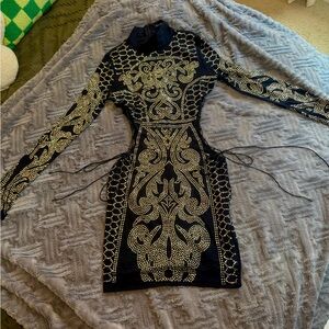 Fashion Nova Black and Gold Long-Sleeve Embellished Bodycon Dress